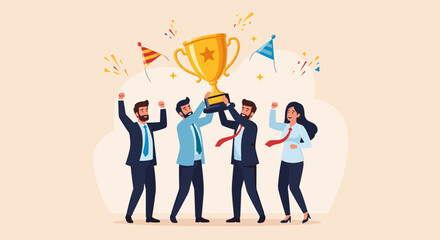 Business Team Success. Vector illustration in flat style of a diverse group of people in business suits in full growth with a large golden cup in their raised up hands. Isolated on background.