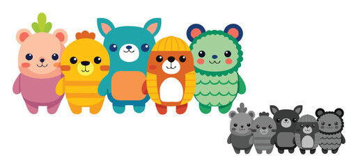 Naklejka premium Adorable cartoon animal characters in a cheerful line up with matching black and grey cute cartoon bear friends.