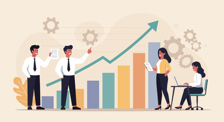 Business Planning Concept. Contemporary flat style vector illustration of a man in a business suit presenting a strategy to a group of colleagues with a growing graph in background.