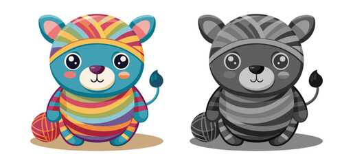 Adorable cartoon bear with yarn costume in colorful and grayscale versions featuring soft textures