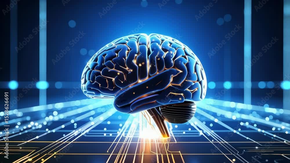 Poster human brain anatomical model illuminated by golden neural pathways against a blue data stream backgr