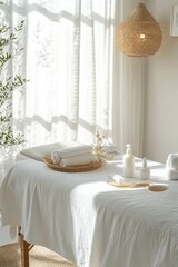 Beautiful spa elements on the massage table in the wellness center. Massage on light wooden background. blur living room, natural creams and moisturizing Healthy lifestyle