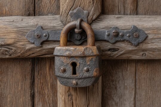 Weathered iron padlock secured on an aged wooden door with ornate metal fittings