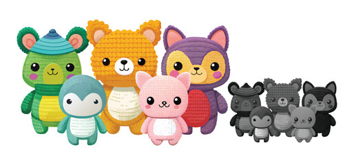 Adorable collection of cartoon plush animal characters including bear fox penguin and a variety of cute creatures isolated on white background.