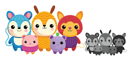 Adorable group of illustrated armadillos and other cute animals in colorful playful style on a clean white background.