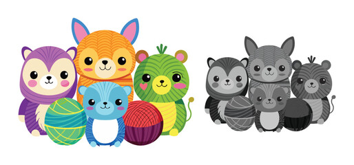 Adorable illustrated animals with yarn texture and wool balls in vibrant color palette perfect for children projects