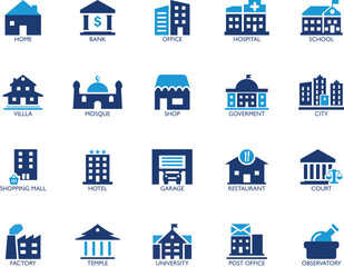 Set of public building icons including hospital, bank, school, and mosque