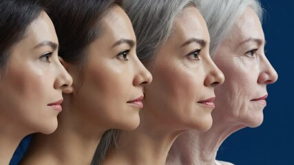 A composite portrait showing a woman aging from youth to elderly, symbolizing time, beauty, and life's journey. - Powered by Adobe