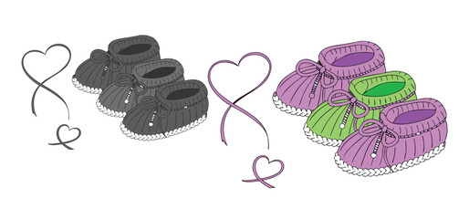 Adorable vector illustration showcasing baby booties with bows and hearts symbolizing love and new beginnings for tiny feet.