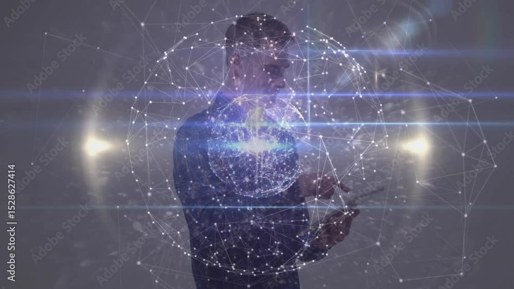 Poster man tapping handheld tablet screen and animating holographic network sphere for technology demo