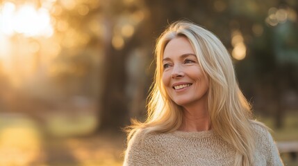 Happy middle-aged woman with long blonde hair smiling warmly in a serene park at sunset, glowing golden light in the background