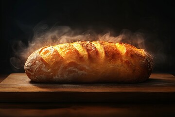 Artisanal Golden Brown Bread Loaf Steaming on Wooden Board - Freshly Oven Baked with Organic, Gluten-Free Ingredients - Enjoy Rustic, Crispy Crust & Comforting Breakfast Experience