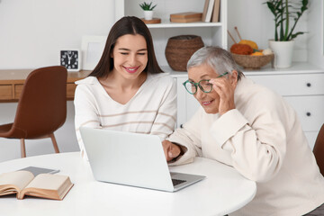 Young woman with her grandmother using laptop at table in room