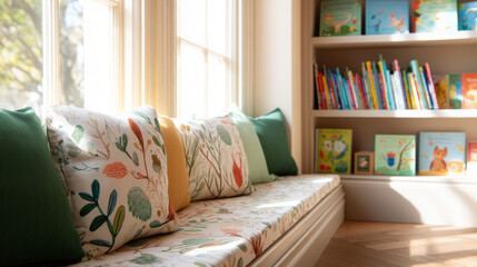 A well-lit reading area by the window with nature-themed cushions and a bookshelf filled with a vibrant selection of kids' literature, creating a cozy and inviting space for relaxation.
