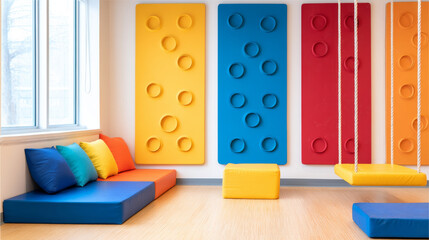 Bright and playful children's room with multicolor panels, cushioned seating, and hanging swings, perfect for a fun and safe playing environment.