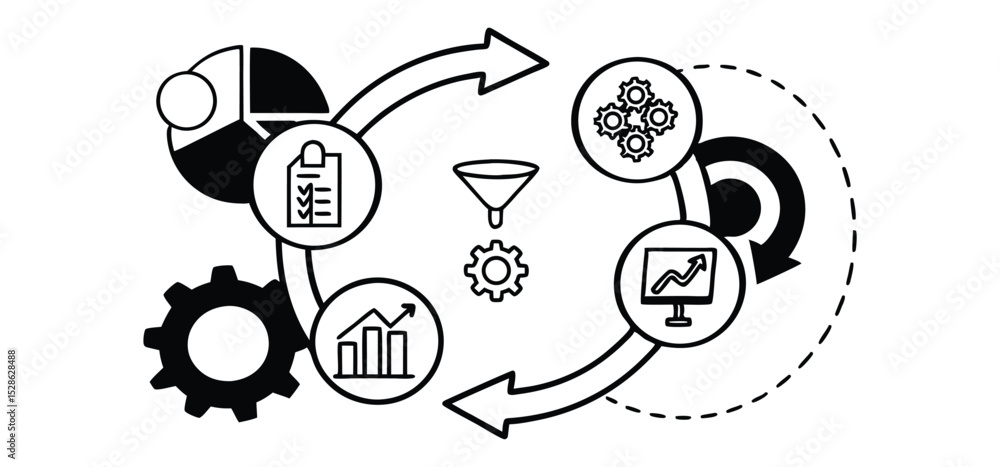 Poster business process cycle represented with graphics featuring gears funnel charts diagrams and arrow ci