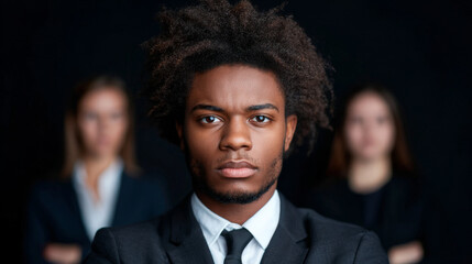 A confident young professional with a serious expression standing in a suit, with two colleagues blurred in the background, emphasizing leadership and determination.
