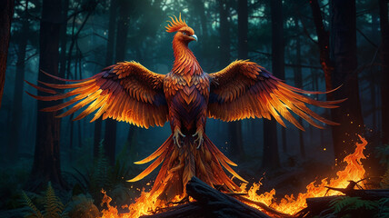 A majestic phoenix rises from the flames in a mystical forest at dusk, embodying rebirth and transformation in a captivating fire show