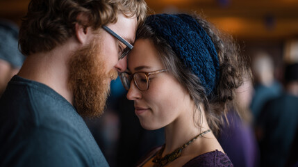 Fototapeta premium Close-up showing two Caucasian individuals, a man and woman, sharing a tender moment of closeness and affection. Their facial expressions reflect an emotional bond and connection in a gentle setting