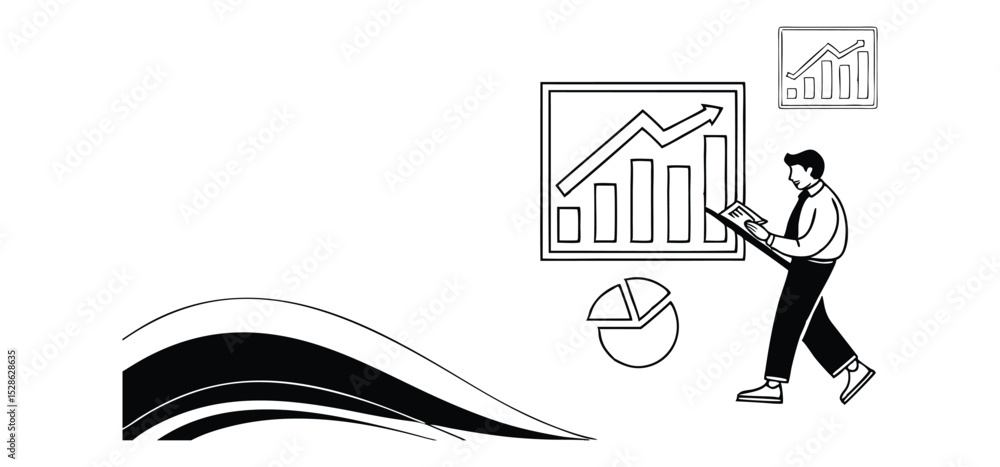 Poster businessman analyzing financial statistics with graphs and charts representing business data in blac