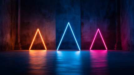 Colorful neon triangular shapes in orange, blue, and pink create a captivating and modern visual aesthetic against a textured dark background. Reflections enhance their luminous effect.