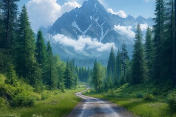 Majestic Mountain Range. Nature's Serene Landscape, Hiking Trails & Scenic Views in Spring Foliage - Perfect for Photography and Nature Tourism