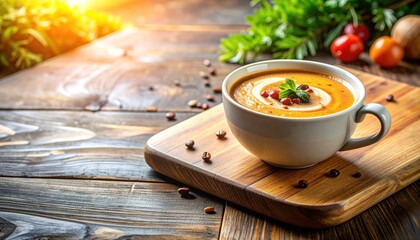Pumpkin soup with cream swirl on wood serving board in rustic kitchen