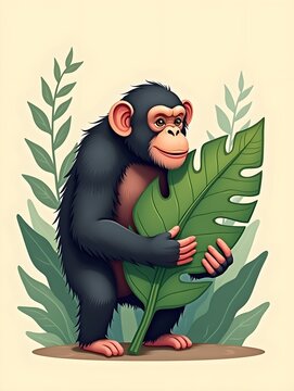 Chimpanzee holding large tropical green leaf illustration with beige background natural wildlife scene