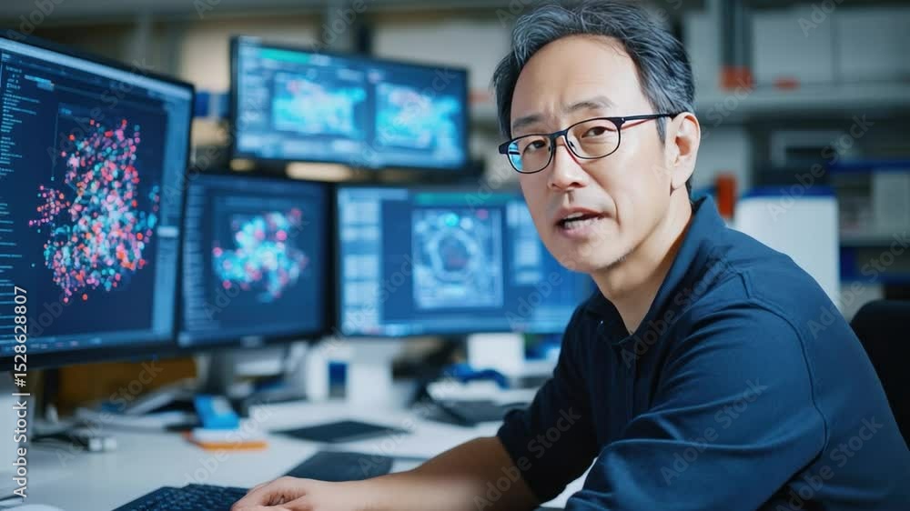 Poster analyzing code: a focused individual surrounded by several computer screens displaying complex code,