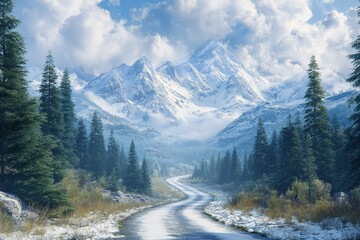 Majestic Snow-Capped Mountains & Serene River. A Picturesque Landscape for Winter Travel and Adventure