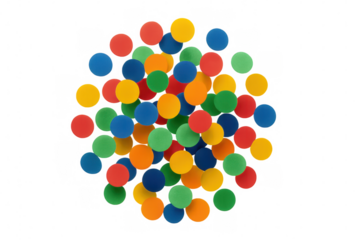 Colorful circular dot pattern floating on transparent background, radiating dynamic visual energy with playful graphic composition