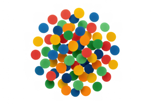 Colorful circular dot pattern floating on transparent background, radiating dynamic visual energy with playful graphic composition