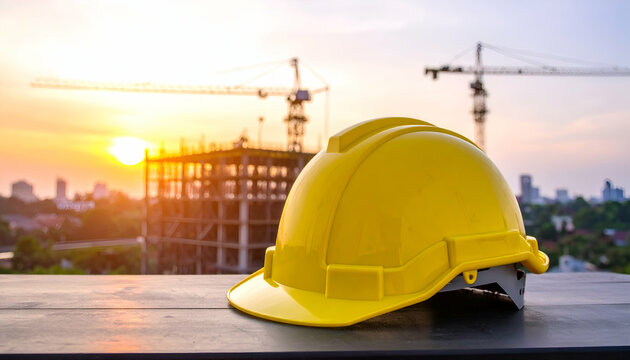  Helm kuning keselamatan kerja, Yellow safety helmet on a wooden table with a construction site, cranes, and sunset in the background, symbolizing engineering and workplace safety.