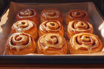 Delicious Homemade Cinnamon Rolls. Freshly Baked Sweet Pastry with Cream Cheese Icing