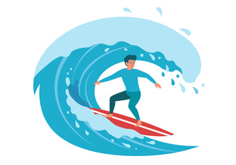 Man surfs a large blue wave on a red surfboard