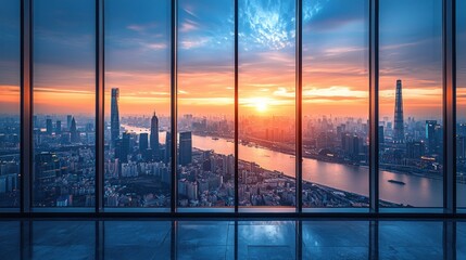 Fototapeta premium Panoramic city view at sunset through large windows