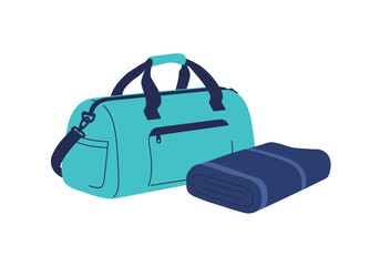 Teal duffel bag and rolled navy mat on a white background