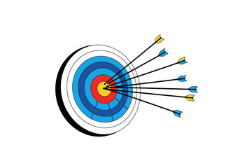 Target with 7 arrows hitting the bullseye colored rings and a black and white outline