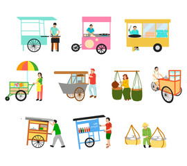 A detailed illustration set of Indonesian street food cart vendors, showcasing various traditional carts and sellers with popular local dishes. Ideal for culinary visuals, cultural themes, and food