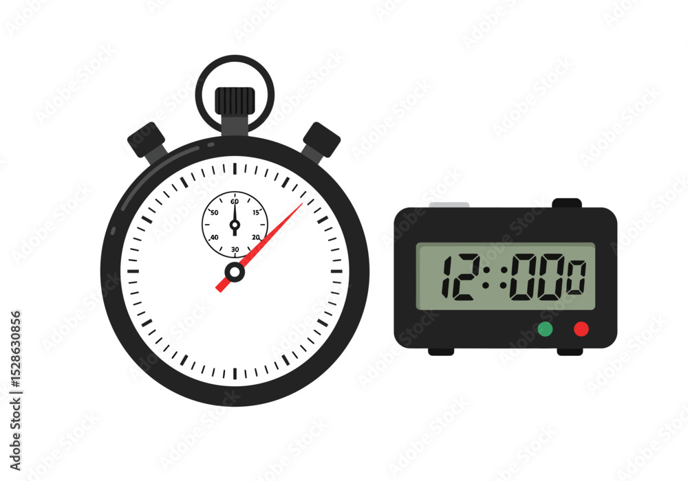 Poster vector two timing devices are depicted a traditional stopwatch and a digital timer with the display 