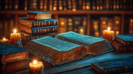 a contemplative atmosphere created by aged books arranged beside glowing candles inviting viewers into a world of historical exploration and literary immersion