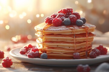 Delicious Stacked Pancakes with Berries and Maple Syrup for a Cozy Breakfast Brunch