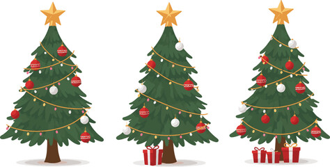 Cheerful Christmas trees decorated with ornaments  stars