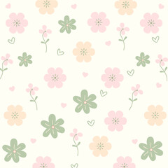 Seamless floral pattern, delicate ditsy print, abstract flower ornament in light pastel colors. Cute botanical design: small hand drawn pink flowers, tiny leaves, bouquets. Vector illustration.
