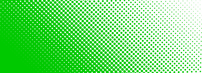 Green halftone corner gradient texture. Fading cartoon polka dot background. Dotted tilted gradation pattern. Fading comic pop art overlay backdrop. Vector slant frame halfton patern effect wallpaper © vika_k