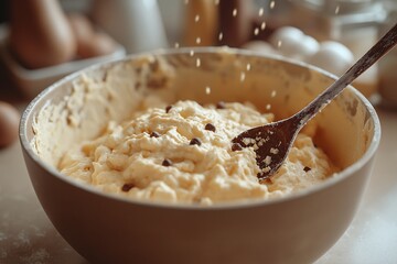 Homemade Delicious Pastry Batter. Mixing Ingredients with Whisk and Wooden Spoon in a Rustic Kitchen, Perfect for Hygge Cooking and Sweet Treats