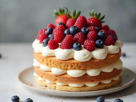 Delicious Layered Cake with Berries Cream and Gold Leaf