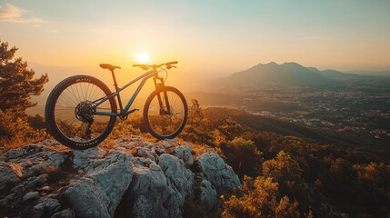 Mountain bike atop a scenic cliff at sunset