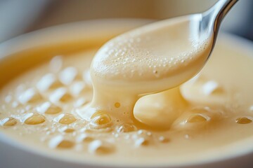 Creamy Yellow Whipped Dessert Sauce Close-Up. Sweet, Saucy & Appetizing Dish with Rich Luscious Texture