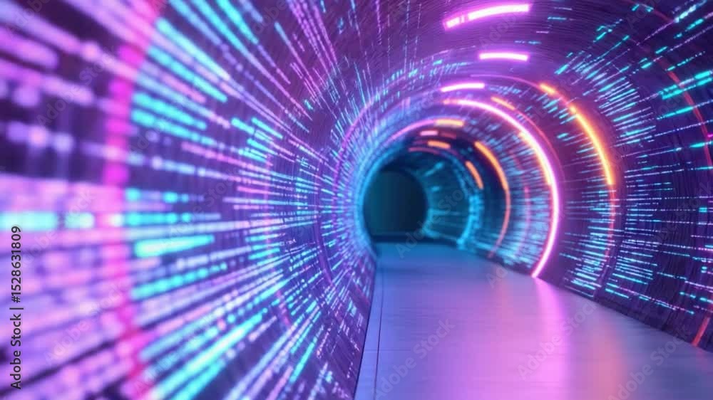 Poster cyber tunnel of digital data: immerse yourself in a neon-lit tunnel of binary code, a visual represe